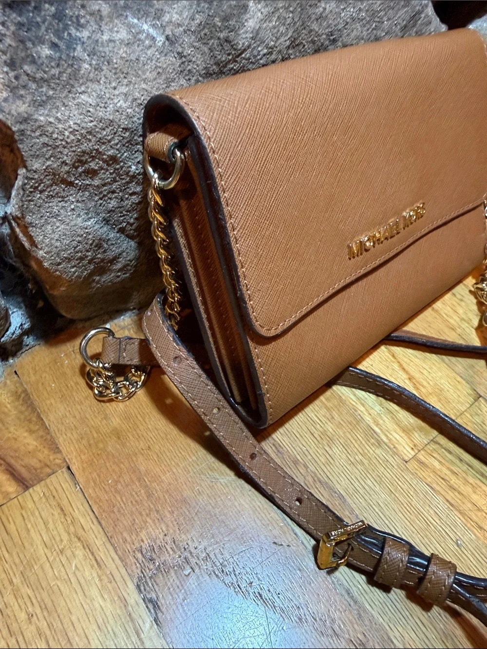Michael Kors Brown Saffiano Leather Wristlet Clutch with Gold Logo